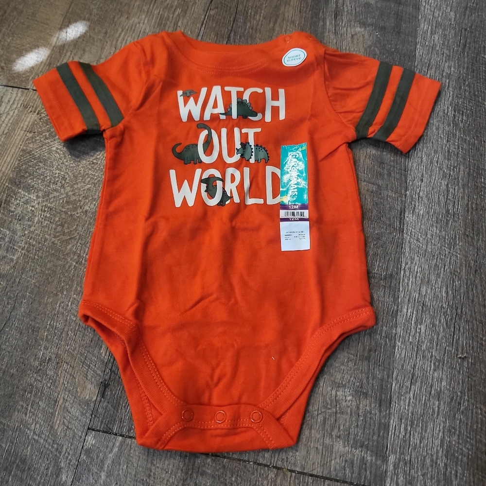 3/$12 Baby Boy Short Sleeved Snap Orange 'Watch Out World' Dino Onesie 12mos NWT